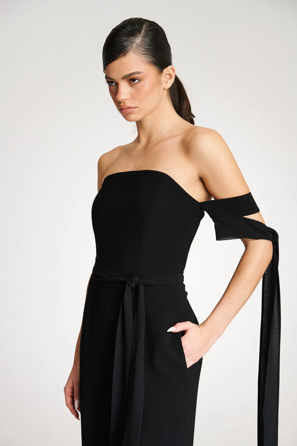 'Zelia' Strapless Crepe Black Jumpsuit
