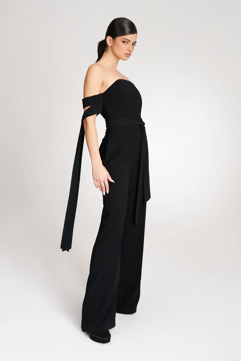 'Zelia' Strapless Crepe Black Jumpsuit