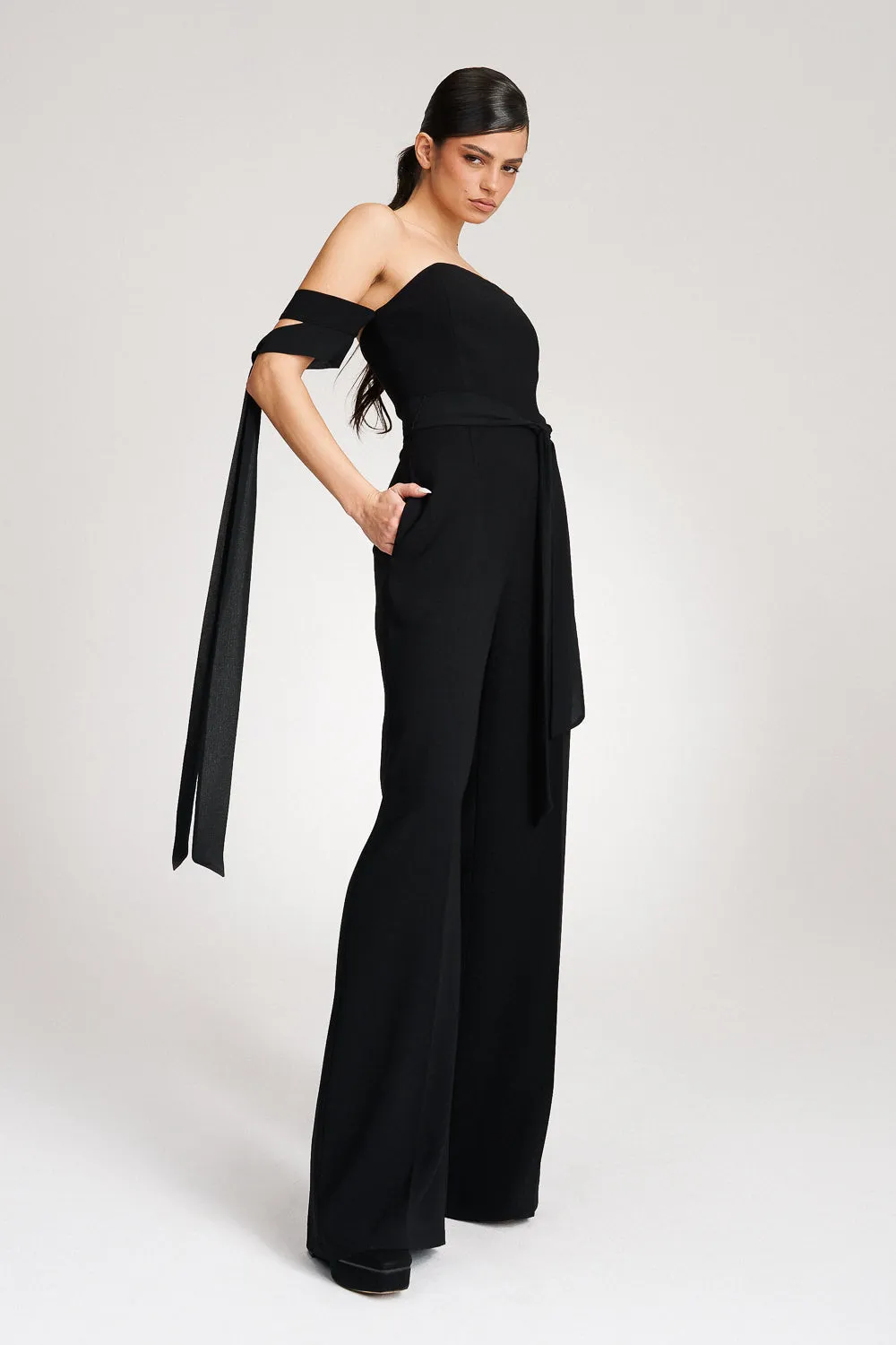 'Zelia' Strapless Crepe Black Jumpsuit
